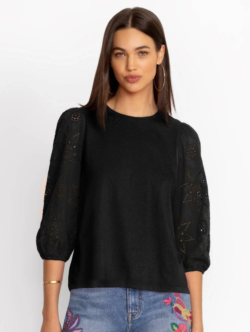 Johnny Was Nora Long Sleeve Easy Tee Black Eyelet Puff Sleeve Top Size Medium